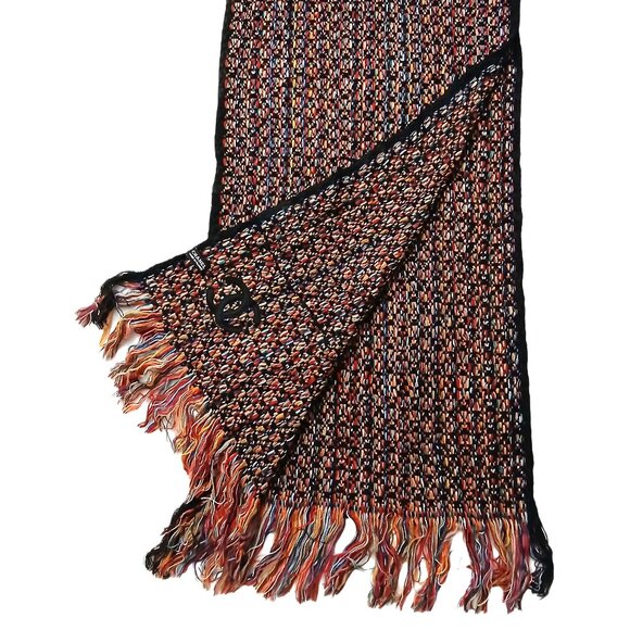 CHANEL Luxury Vintage Black & Red Multi-Color Woven Fringed Shawl Wrap Scarf - Picture 2 of 15